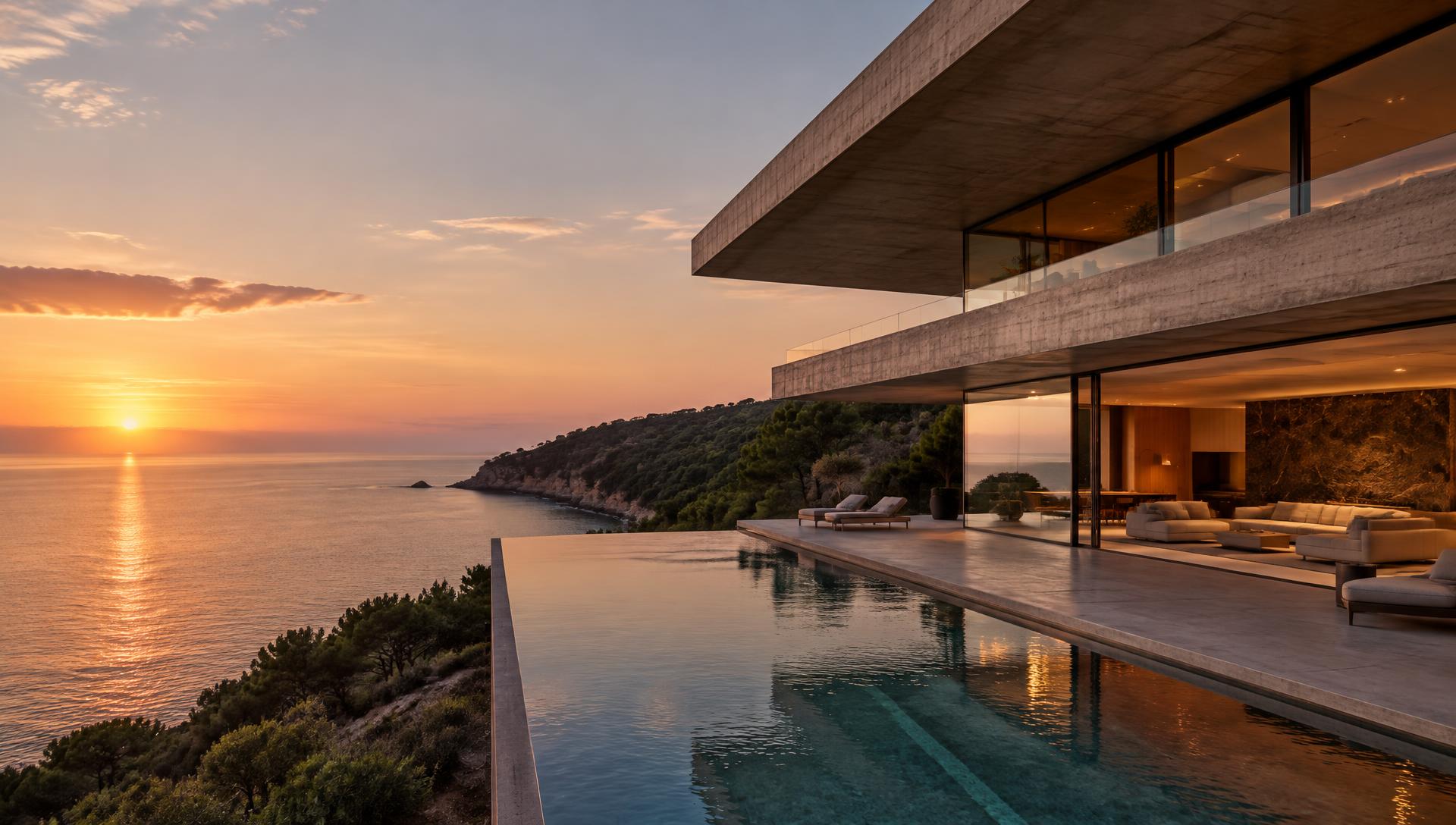 Modern coastal villa and infinity pool overlooking the ocean at sunset